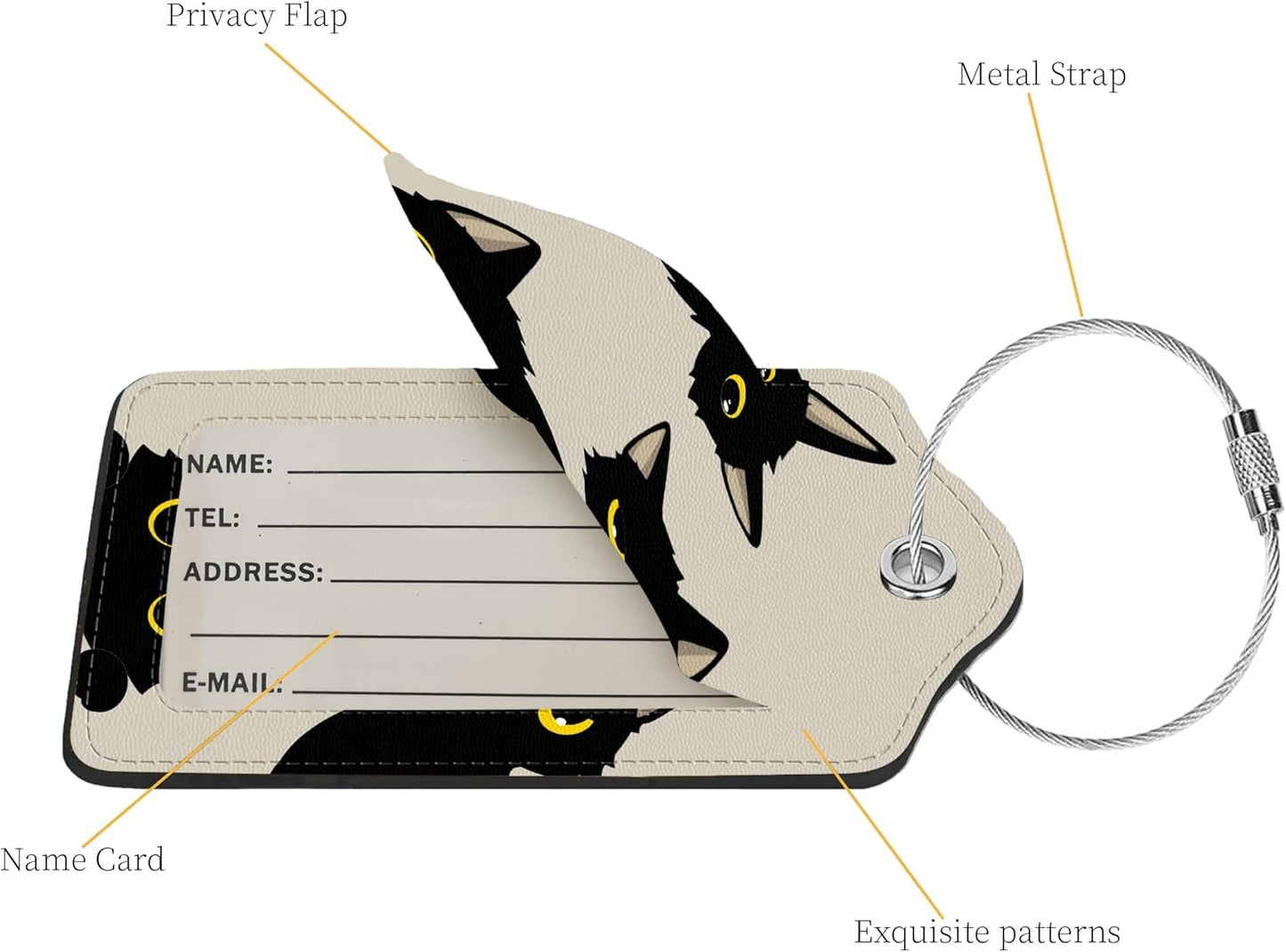2 Pcs Luggage Tags for Suitcase, Cute Unique PU Leather Travel Bag Tag with Privacy Cover ID Label Address Card and Durable Metal Ring Suitable for Men Women Children Backpack,Three Black Cats