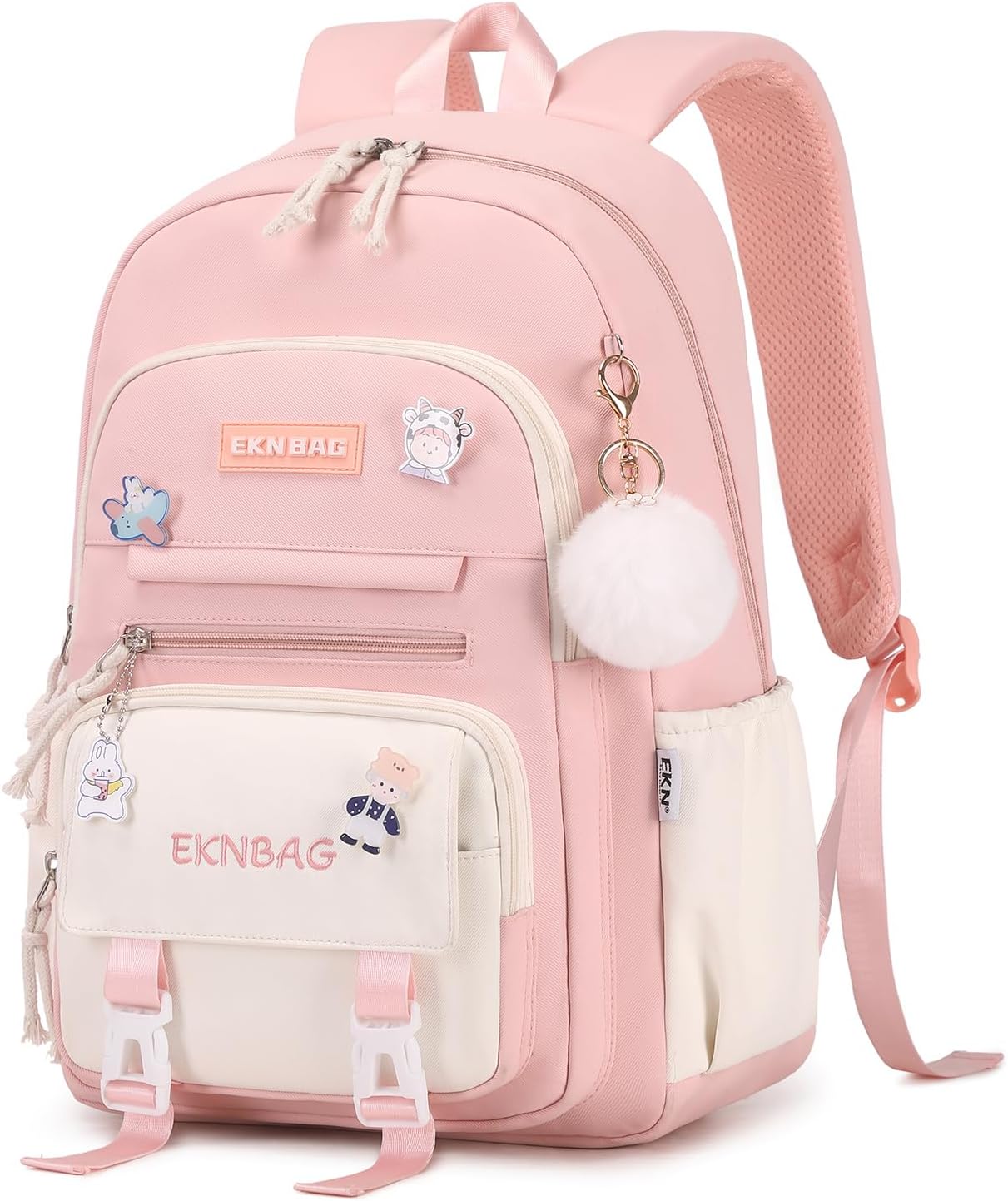 Tanou School Backpacks for Girls, Kawaii Kids School Bag with Pendant, Elementary Primary Middle School Lightweight 20L, Pink
