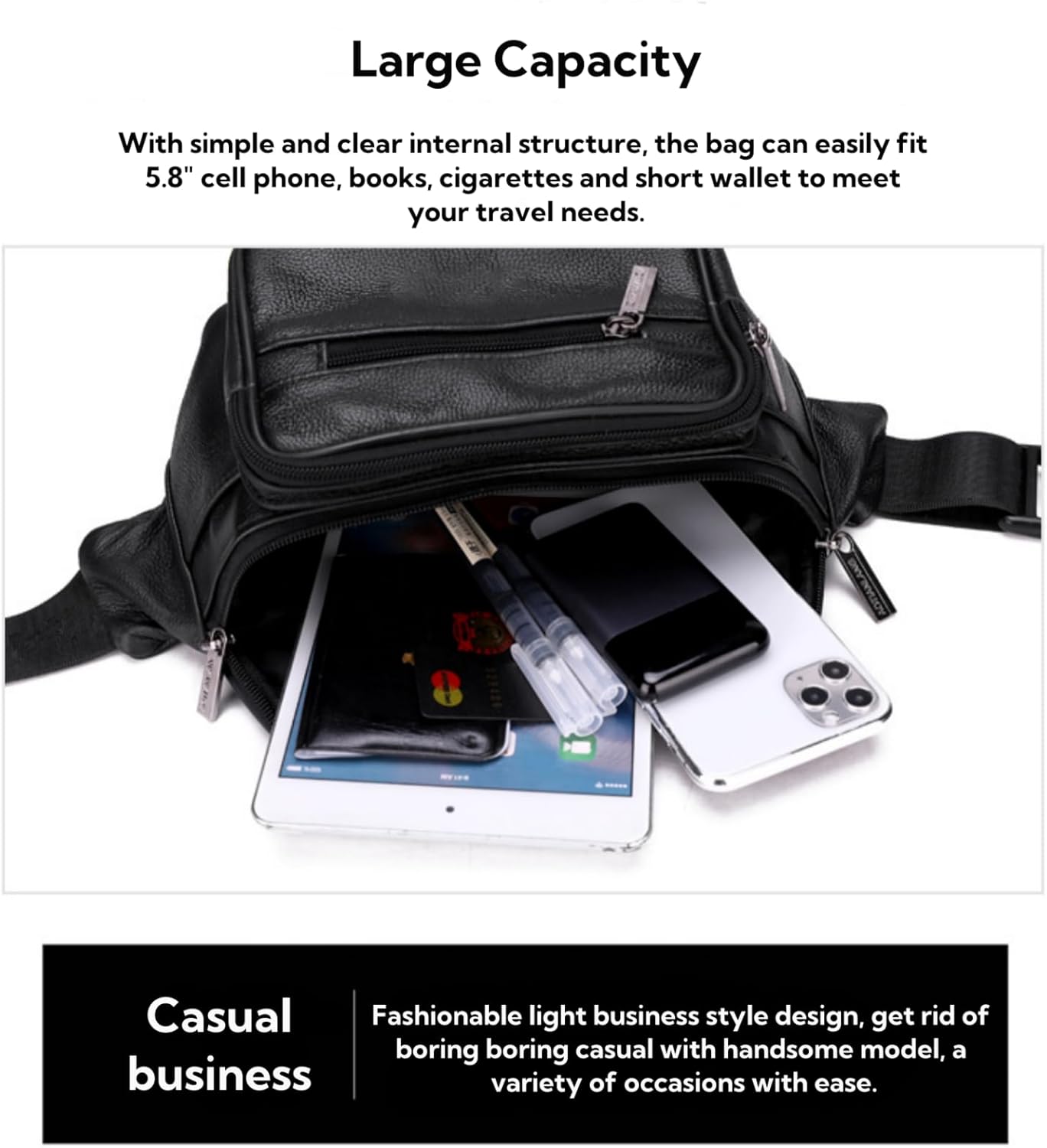 leather Fanny pack, Outdoor travel waist Pack Cowhide Leather Large Size 2 Pockets waist bag.Suitable for outdoor mountaineering, travel, camping, cycling, running, etc.（black-E）