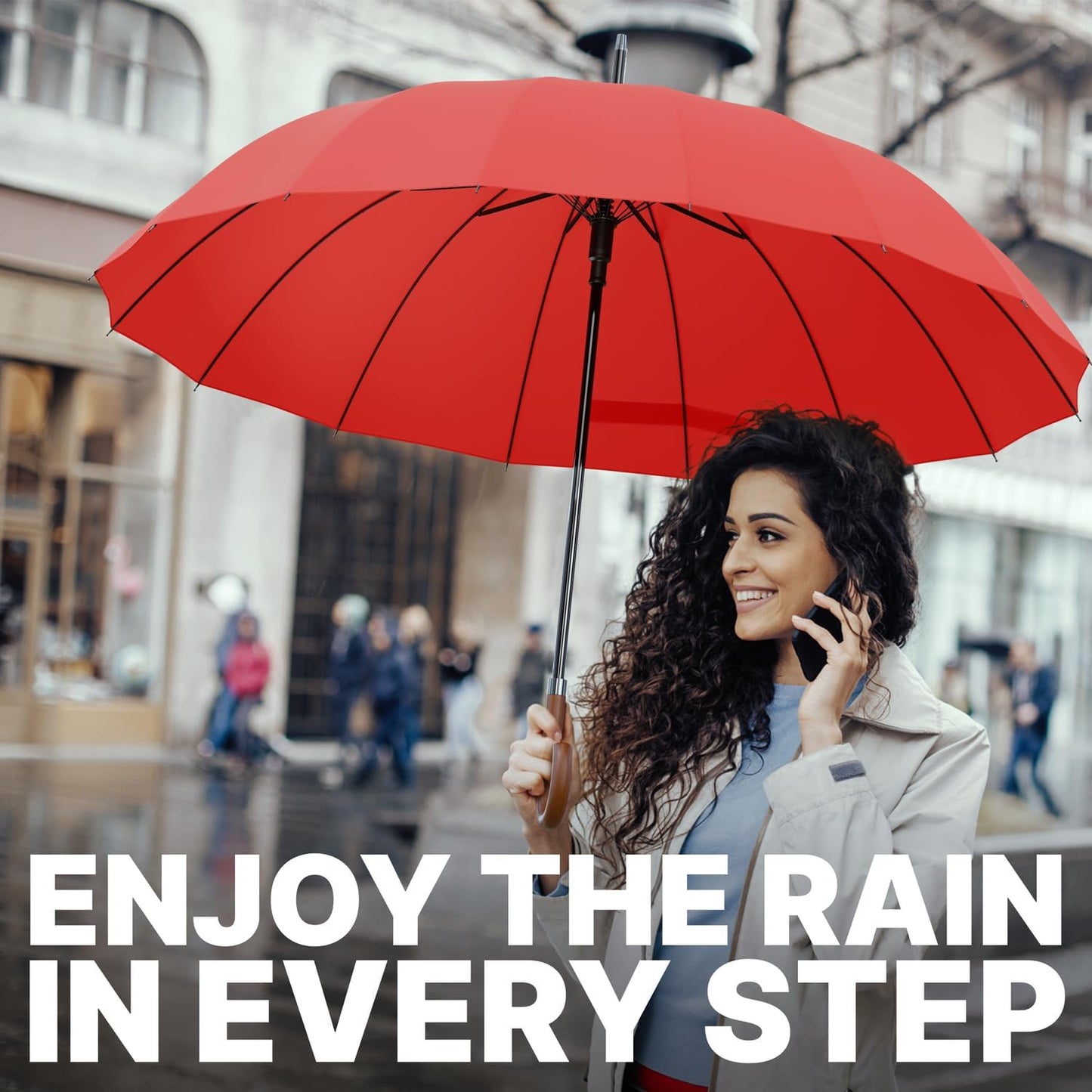 Royal Walk Windproof Large Umbrella for Rain 54 Inch Automatic Open for 2 Persons Wind Resistant Big Golf Umbrellas for Adult Men Women Classic Wooden Handle Fast Drying Strong 16 Ribs Travel 120cm
