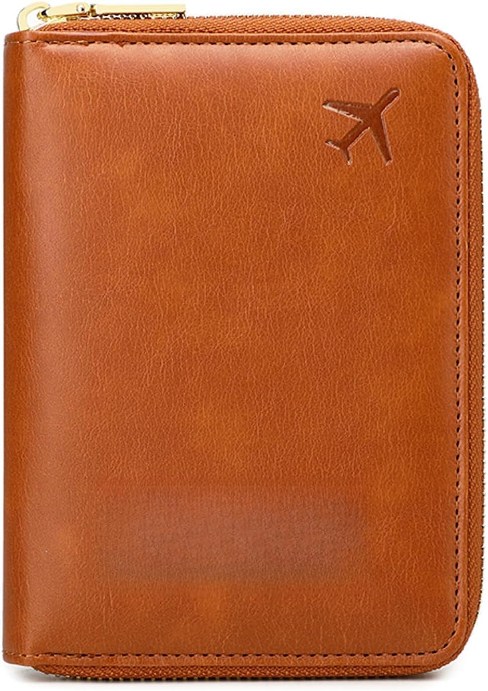 Genuine Leather Wallet Unisex Zipper Passport Holder RFID Blocking Waterproof - Vintage Travel Wallet (Brown)
