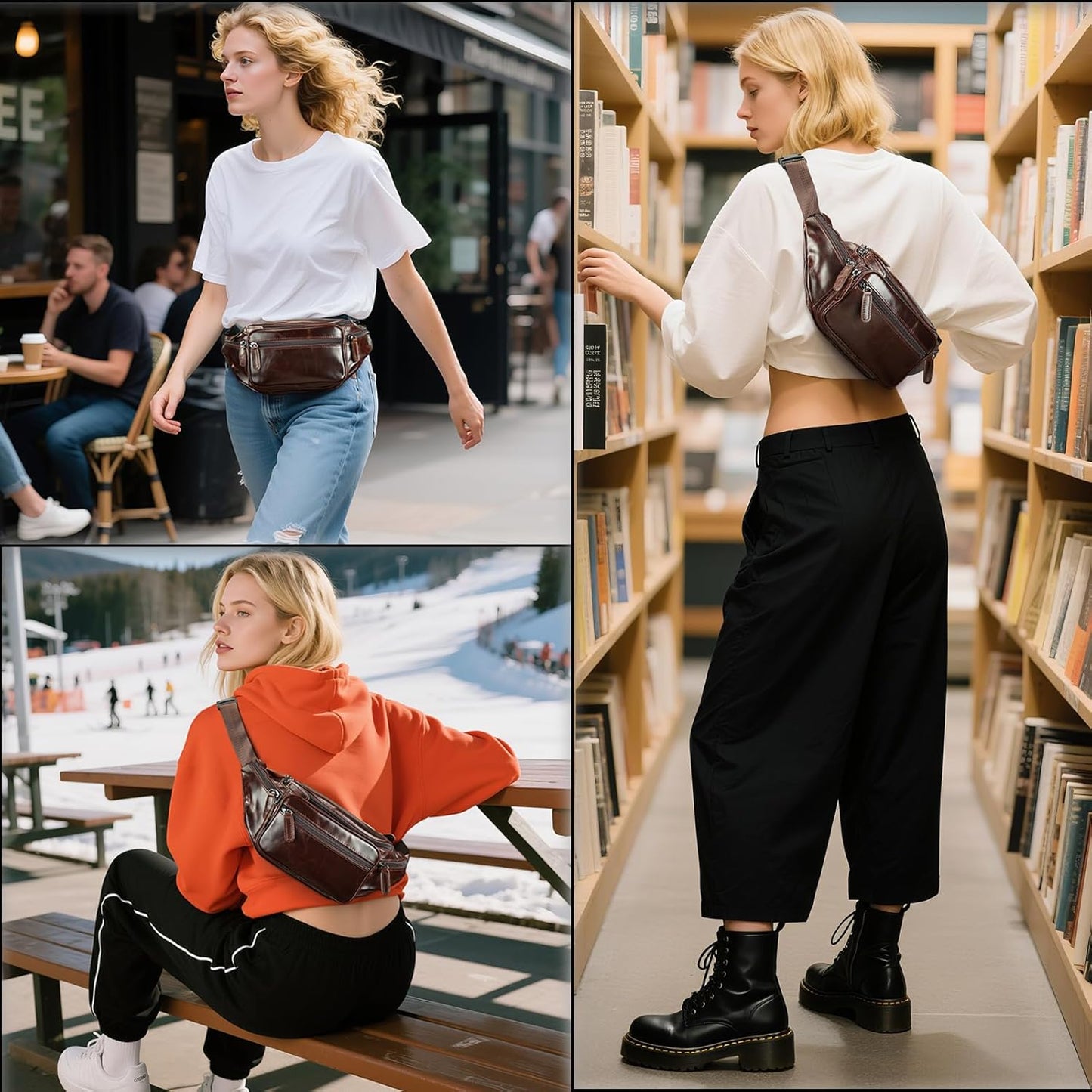 Genuine Leather Fanny Pack Men Women Multi-Pockets sling Waist Bag For Travel Sports Hiking Cycling Fishing Running OilCoffee Large