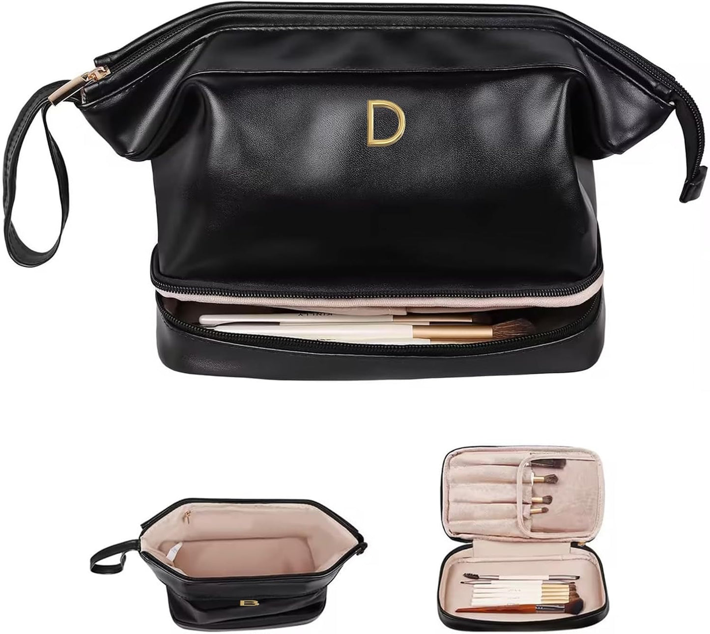 Wedding Gift Initial Makeup Bag, Personalized Double Layer Cosmetic Bag with Makeup Brush Organizer, Waterproof, Large Capacity PU Leather Travel Toiletry Bag Retirement Gifts, Daughter Gifts