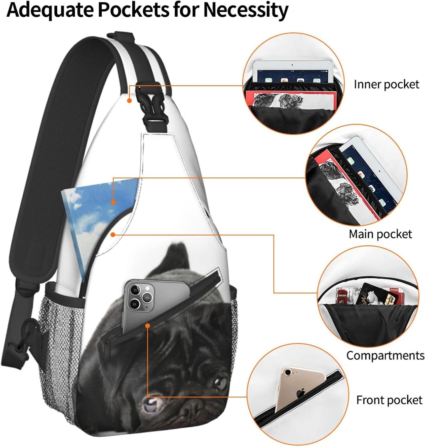 bassyil Black Pug Dog Sling Bag Crossbody Travel Hiking Chest Backpack Shoulder Daypack for Women Men