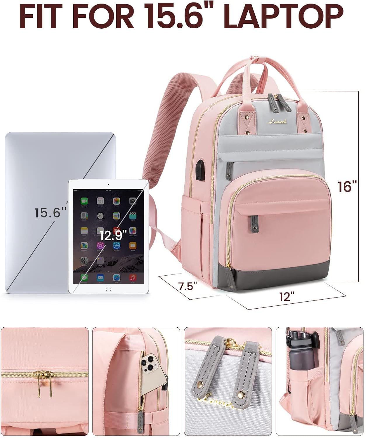 LOVEVOOK Backpack for Women,Laptop Backpack Women,Fits 15.6 Inch Laptop Bag,School Backpacks,Fashion Travel Work Anti-theft Bag,Waterproof Business Computer College Backpack Purse,Grey-Pink-Grey