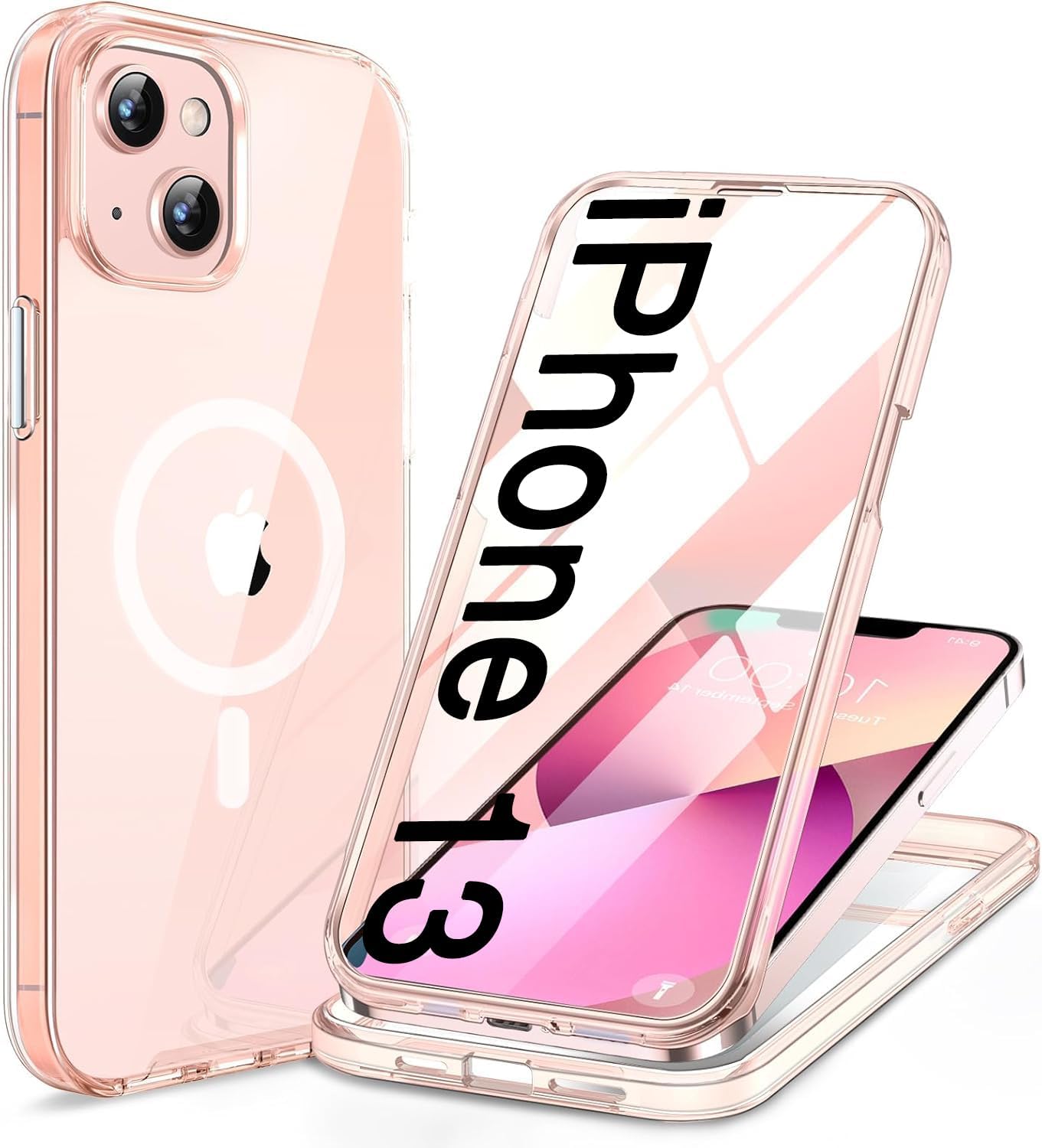 Miracase for iPhone 13 Case 6.1'', [Bubble Free] Full-Body Bumper Phone case with Built-in Full Glass Screen,No Gap,Compatible with MagSafe,Clear Pink