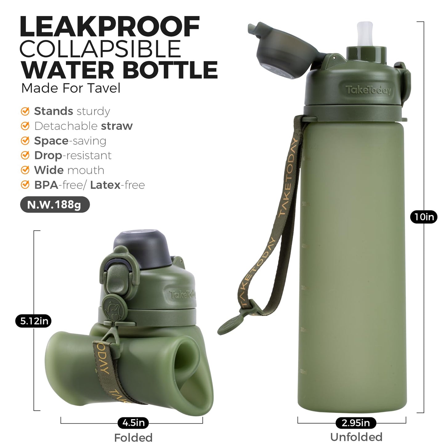 TakeToday Collapsible Water Bottles with Straw for Travel, 21oz, Jungle