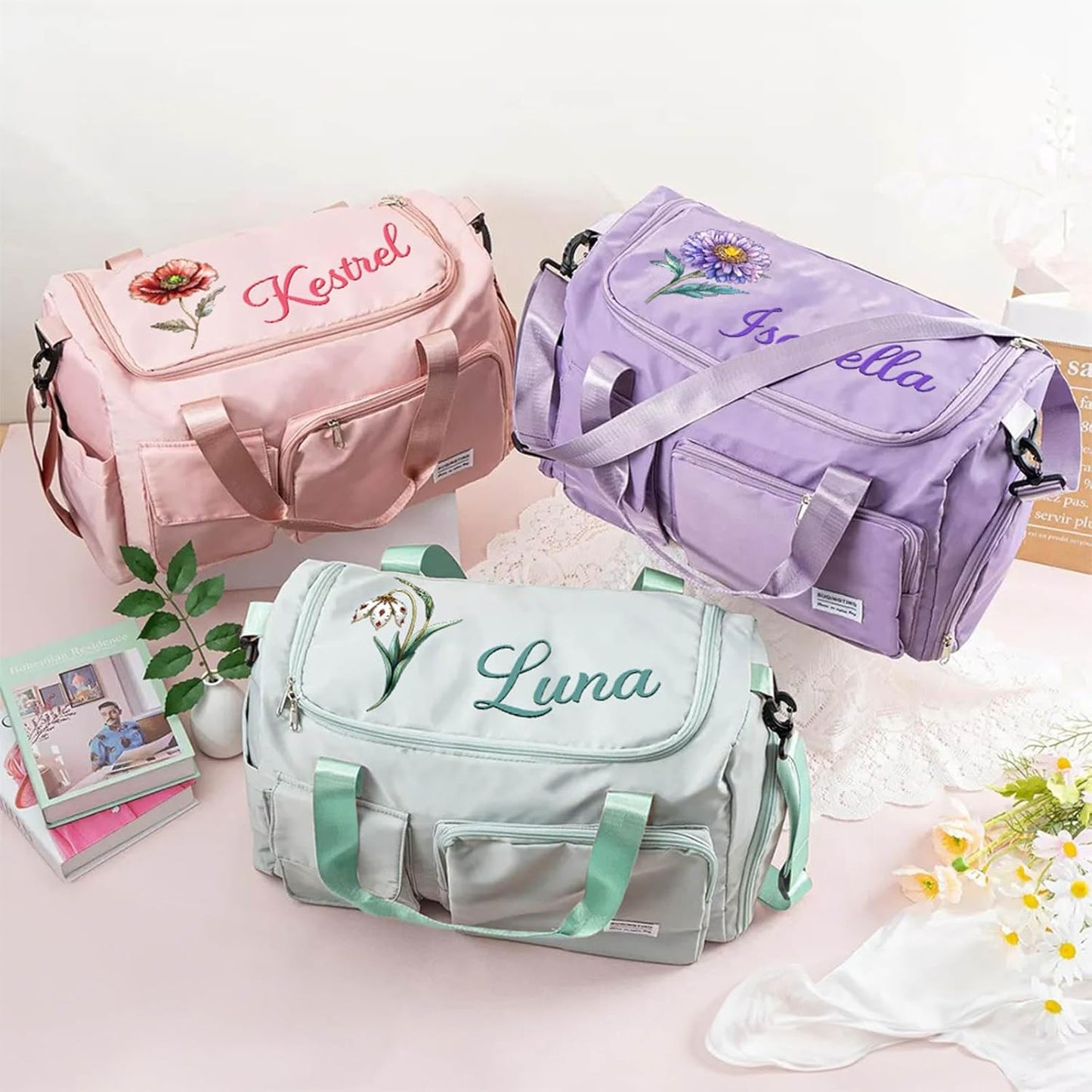 callie Personalized Waterproof Duffel Bag with Shoulder Strap, Custom Birth Flower and Name on Cute Gym Bag, Multi-Compartment Duffel Bags, Sports Bag for Women, Birthday Gift for Women