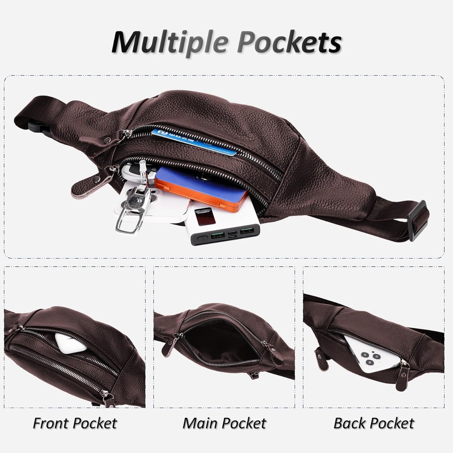 Genuine Leather Waist Bag, Outdoor Travel Waist Pack, Cowhide Leather Fanny Pack with Adjustable Strap, Suitable for Travelling, Outdoor Hiking, Cycling, Running - Brown & Small