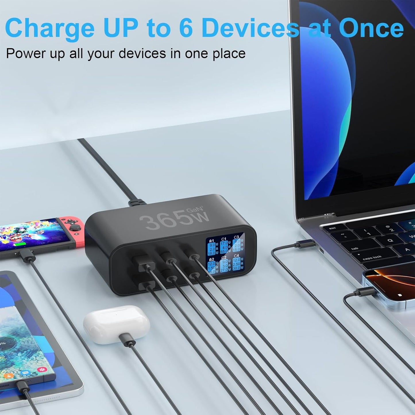 365W USB C Charger 6-Port with LED Display Adjustable Brightness, USB Charging Station GaN Multiport Fast Charger PD 100w 65W QC 3.0 Support PPS Compatible with MacBook iPhone Samsung, Black