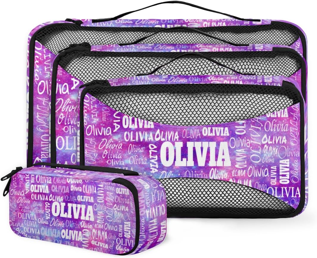 Personalized Packing Cubes, Set of 4 with Zipper Handles, Custom Name Travel Suitcases Luggage Packing Organizers, Watercolor Purple Galaxy Background