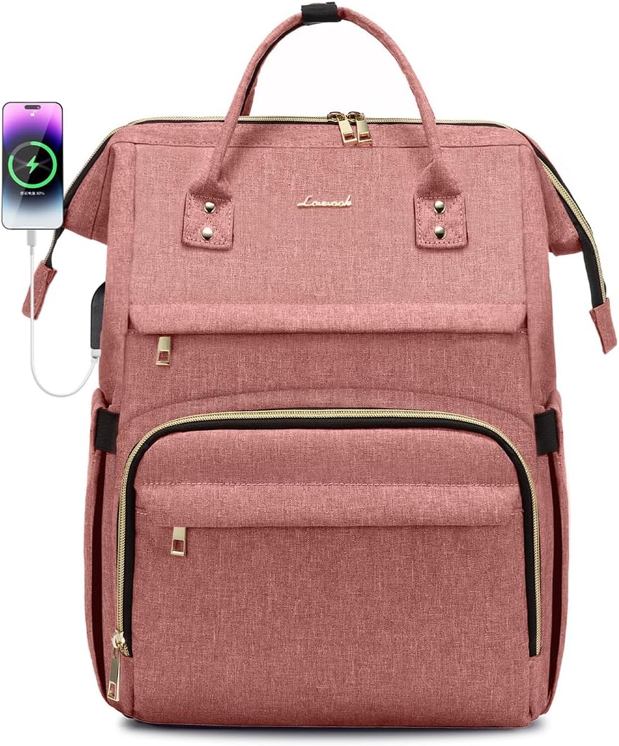 LOVEVOOK Laptop Backpack for Women,17 Inch Professional Womens Travel Backpack Purse Computer Laptop Bag Nurse Teacher Backpack,Waterproof College Work Bags Carry on Back Pack with USB Port,Light-pink