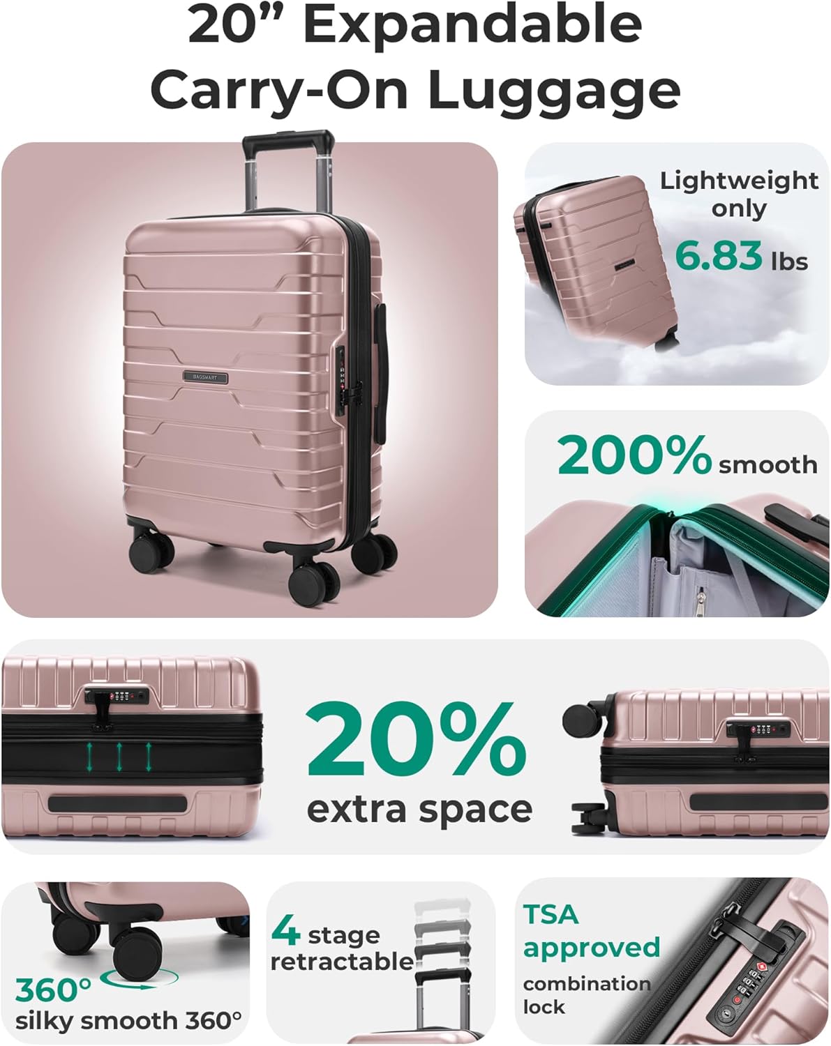BAGSMART Carry On Luggage 22x14x9 Airline Approved with Spinner Wheels,Lightweight 20 Inch Luggage