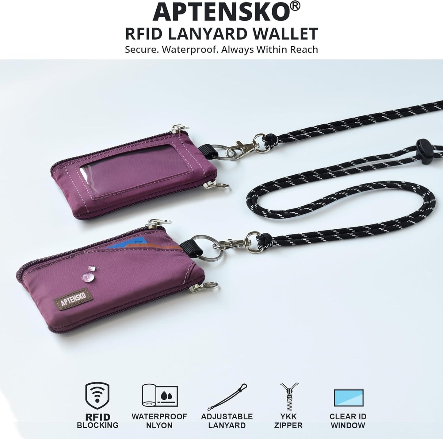 RFID Travel Wallet with Adjustable Lanyard-Zipper Small Wallet with ID Card Holder, Keychain for women&men-Minimalist Slim Waterproof Nylon case for ID, Cash, Key (Plum Wine)