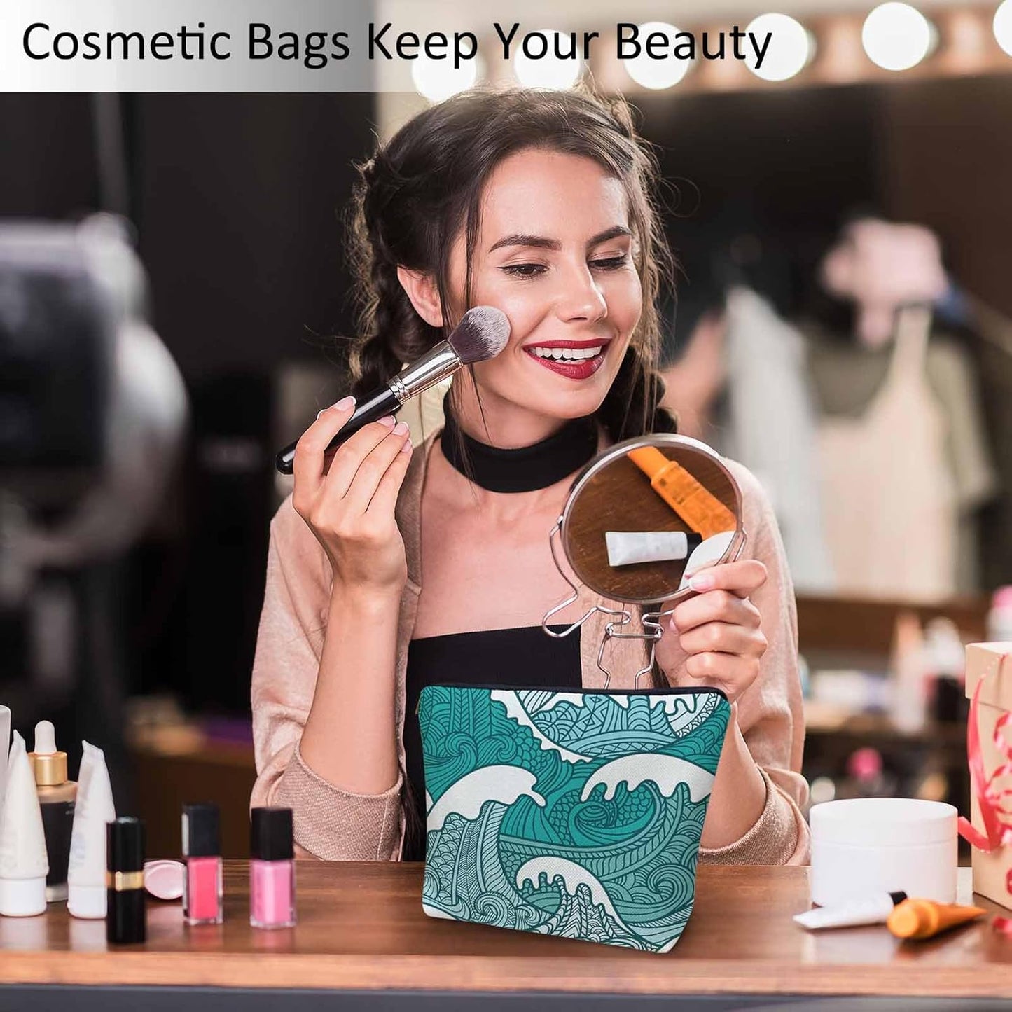 Women Makeup Organizer Bag Ocean Waves, Japanese Great Wave Ocean Sea Waves Flax Cosmetic Bag
