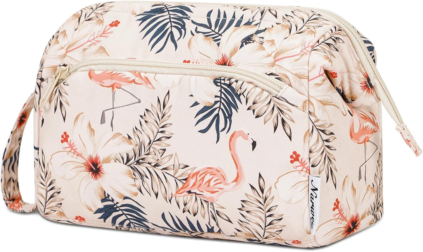 Narwey Women Makeup Bag Wide-open Make up Bag Travel Cosmetic Organizer Toiletry Bag for Cosmetics Toiletries Accessories (Beige Flamingo)