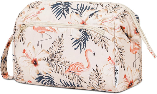 Narwey Women Makeup Bag Wide-open Make up Bag Travel Cosmetic Organizer Toiletry Bag for Cosmetics Toiletries Accessories (Beige Flamingo)