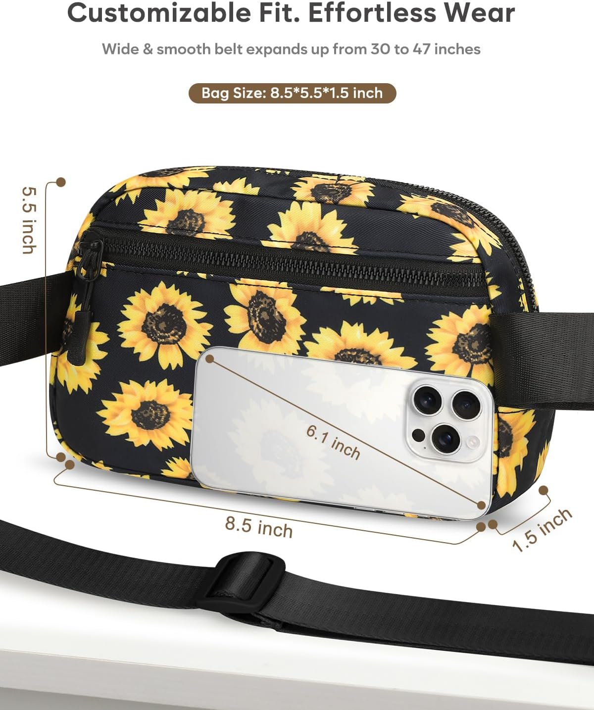 Fanny Packs for Women Cross Body Bag Waterproof Belt Bag with Adjustable Strap and Zipper Back Pocket Small Crossbody Bags Fashion Waist Packs for Workout Travelling(Sunflower)