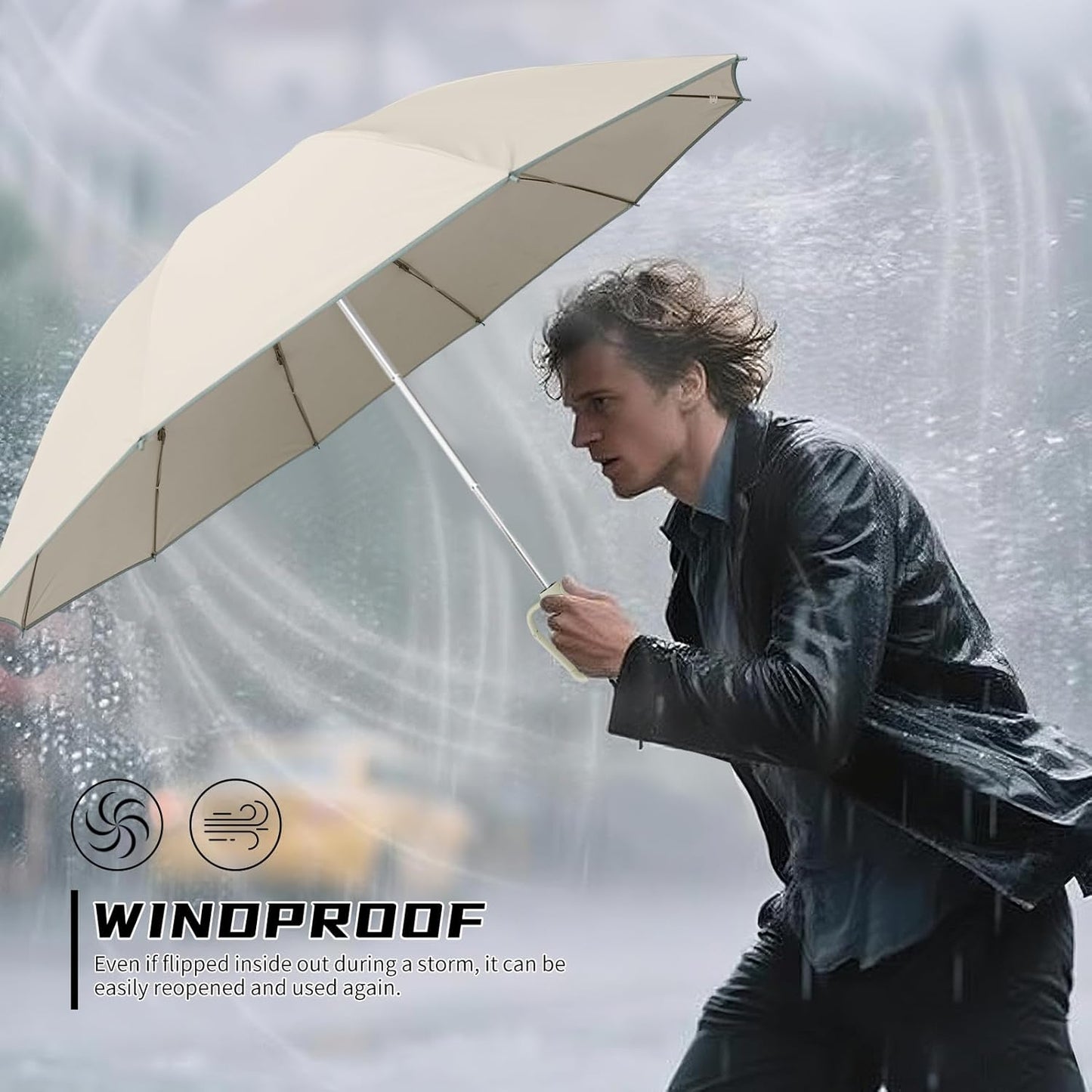 50in Inverted Folding Travel Umbrella – Windproof 10Ribs Upside Down Umbrella with Carabiner Handle, Rain Sun Protection for Women Men (Black)