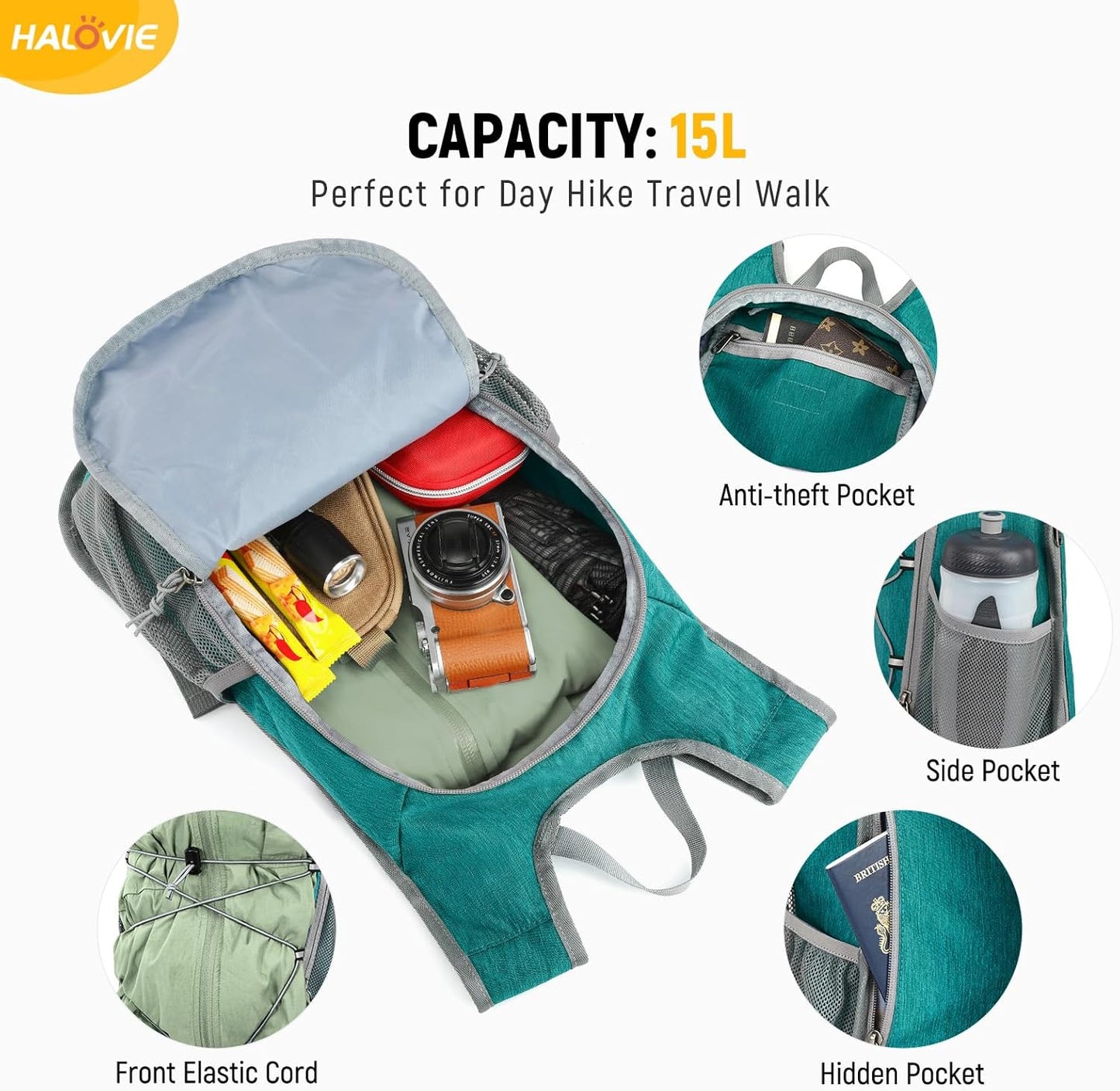 HALOVIE 15L Foldable Hiking Backpack Phone Pocket Lightweight Travel Daypack with Chest Strap Small