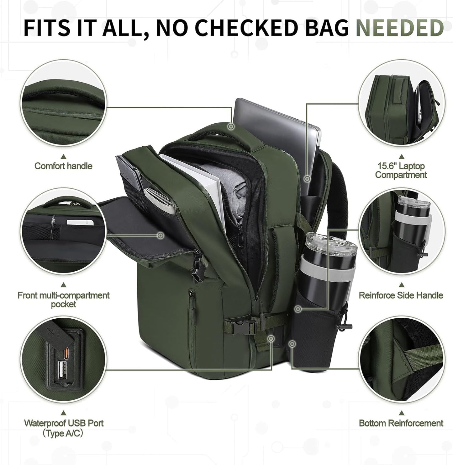 Business Travel Carry on Backpack, Lay Flat Luggage Style Bag with USB C & A, 16-inch Suitcase Capacity, Airline Approved, Green