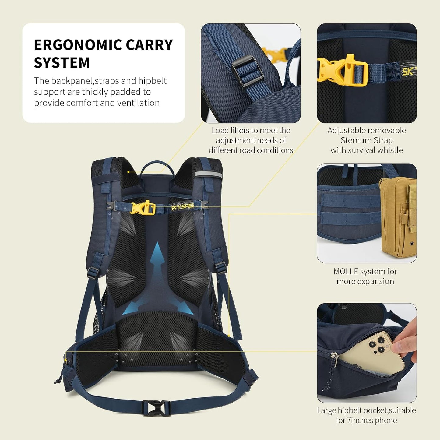 SKYSPER Hiking Backpack for Men Women, 35L Travel Backpack Waterproof Camping Backpack Outdoor Lightweight Daypack