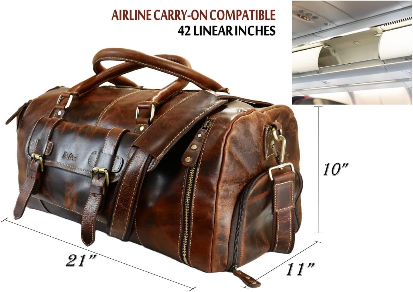 Genuine Full Grain Leather Carry On Travel Bag 21x11x10 with Trolley Straps, Shoe Compartment, Shouler Strap by De Lira
