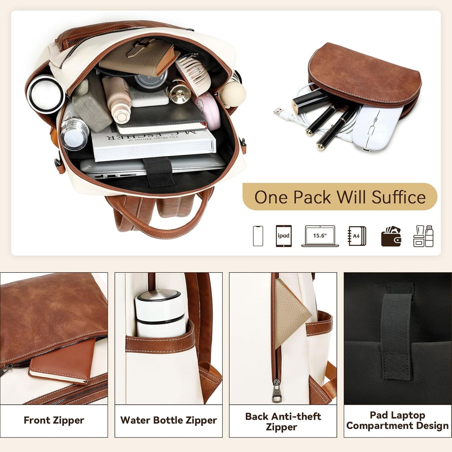 Vegan Leather Laptop Backpack for Women 15.6 Inch Work Backpack Purse for Travel College