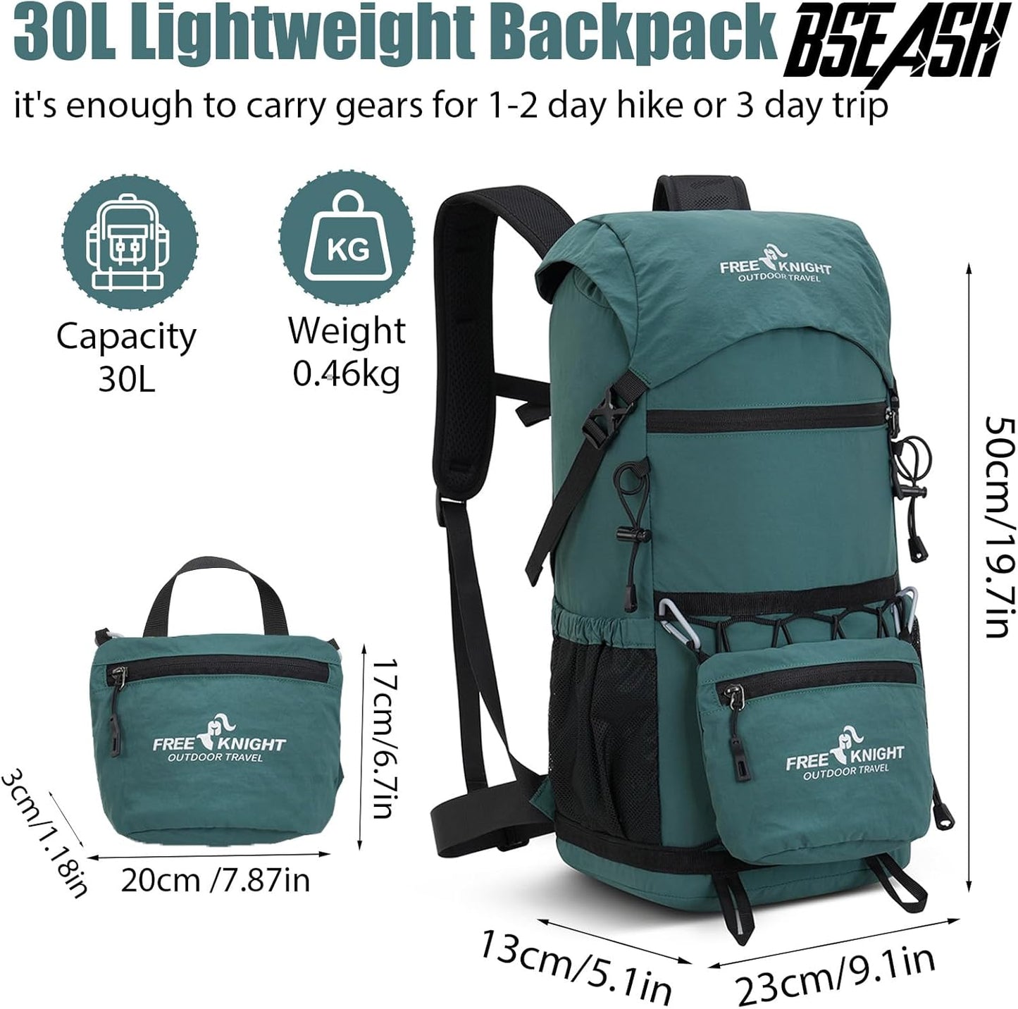 Bseash 30L Lightweight Hiking Backpack, Outdoor Sport Waterproof Travel Bag Daypack for Cycling Climbing Skiing (Blue Green)