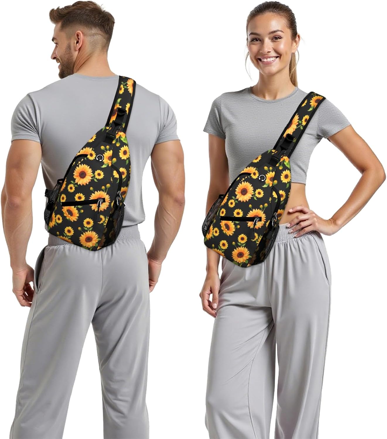 Black Yellow Sunflower Sling Bag Crossbody Chest Bag for Women Men, Water Resistant Lightweight