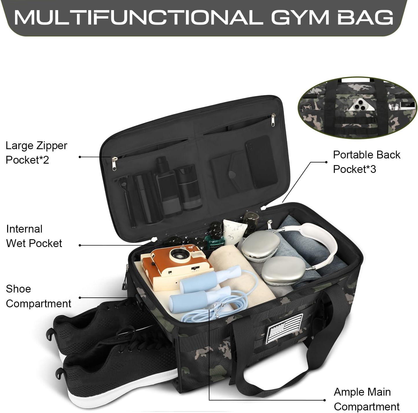 ETRONIK Gym Bags for Men, Tactical Duffle Bag Backpack with Shoe Compartment, 3 in 1 Carry on Bag