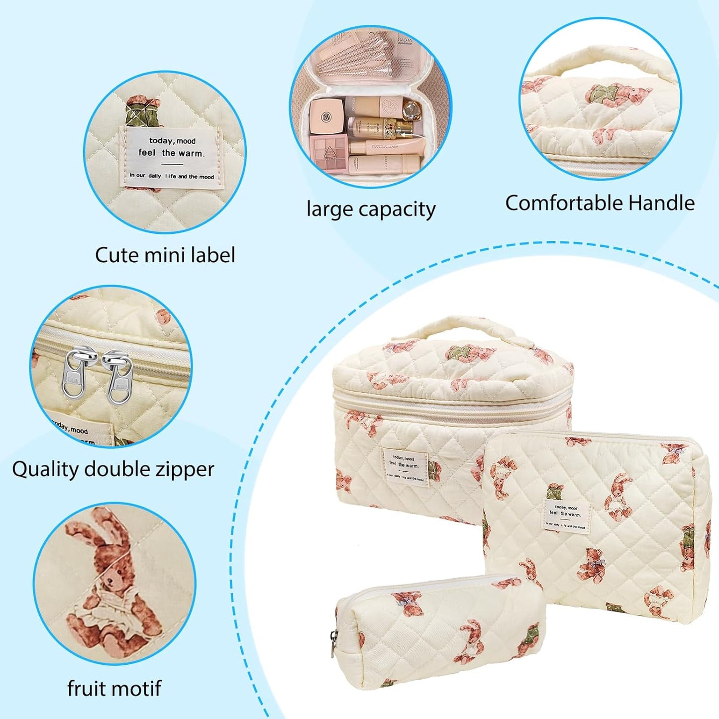 Quilted Makeup Bag, Large Capacity Travel Cosmetic Bag for Women and Girls, Aesthetic Storage for Daily and Travel Use (3pcs-Littlebear)