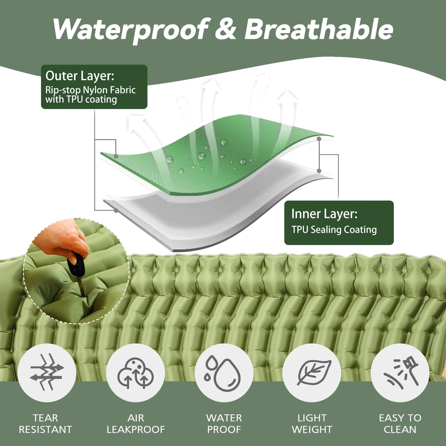 Pretyw Double Camping Sleeping pad with Pillow & Built-in Foot Pump