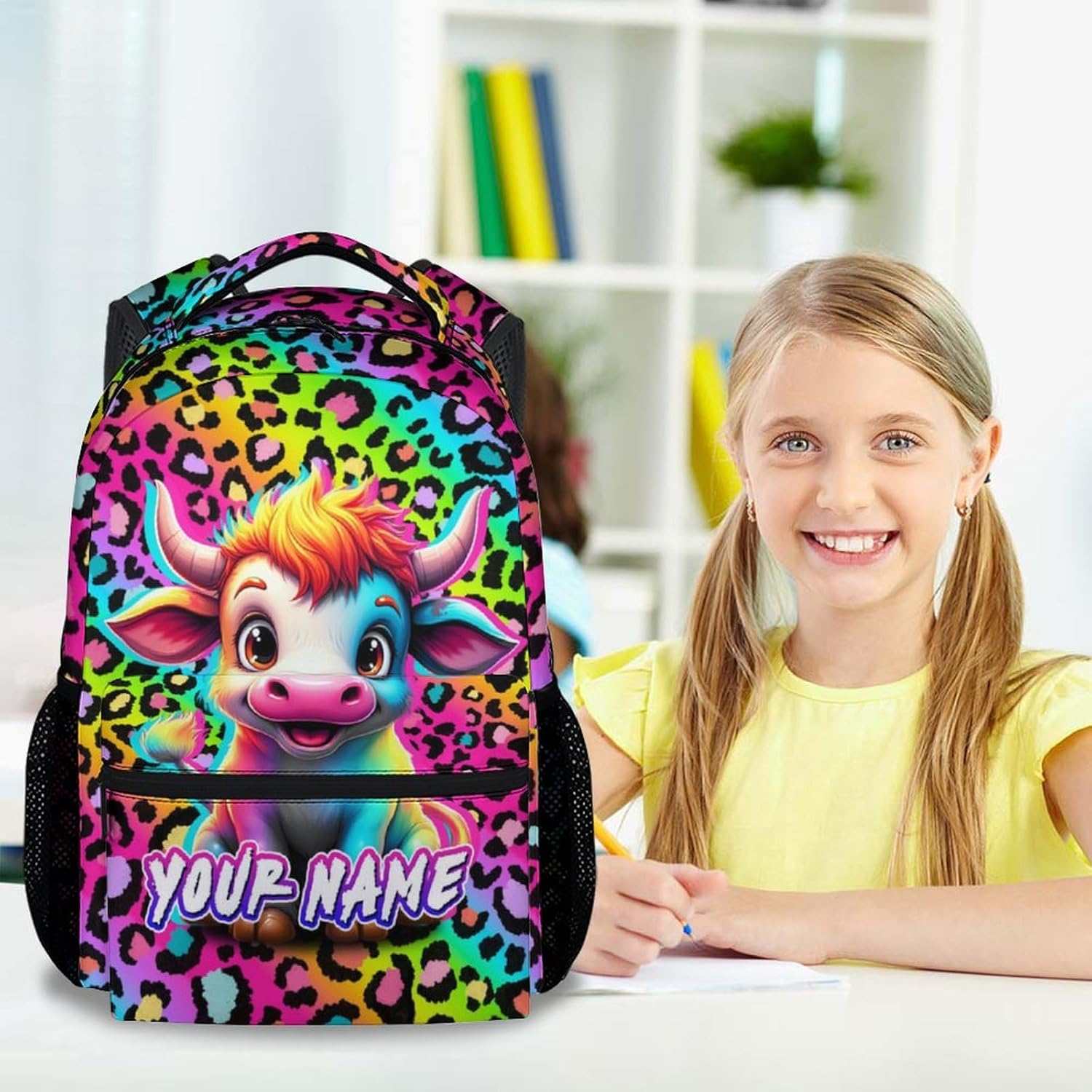 Custom Backpack for Girls - 17 Inch Cute Cow Backpack for Kids Children - Rainbow Cow Print