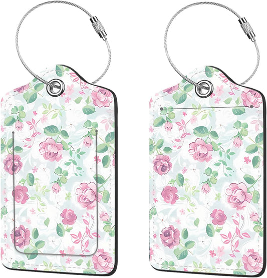 2 Pcs Luggage Tags for Suitcase, Cute Unique PU Leather Travel Bag Tag with Privacy Cover ID Label Address Card and Durable Metal Ring Suitable for Men Women Children Backpack,Flower A