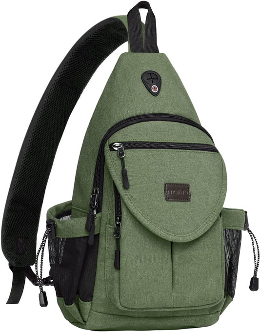 MOSISO Sling Backpack,Canvas Crossbody Hiking Daypack Bag with Anti-theft Pocket, Army Green