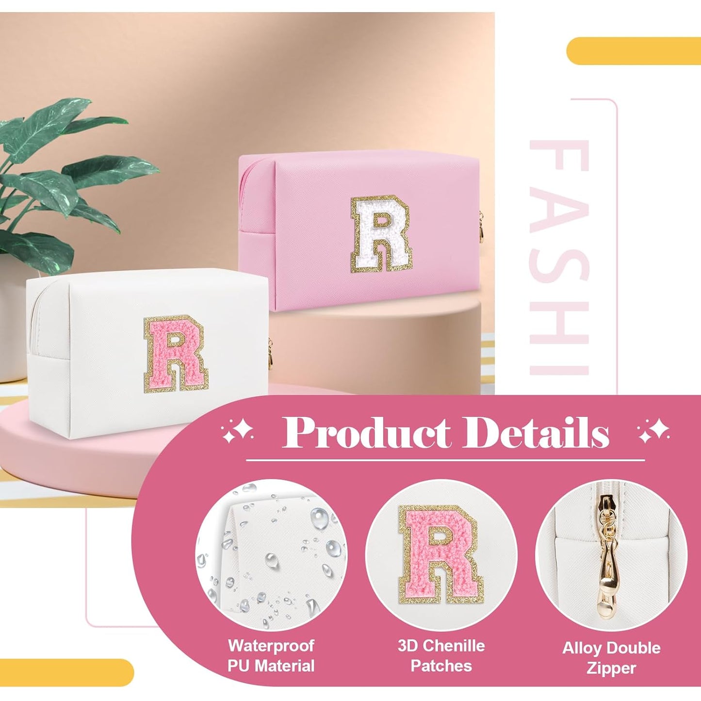 Personalized Makeup Bag Initial A-Z Preppy Patch Bag,Small PU Leather Travel Cosmetic Bag Pouch