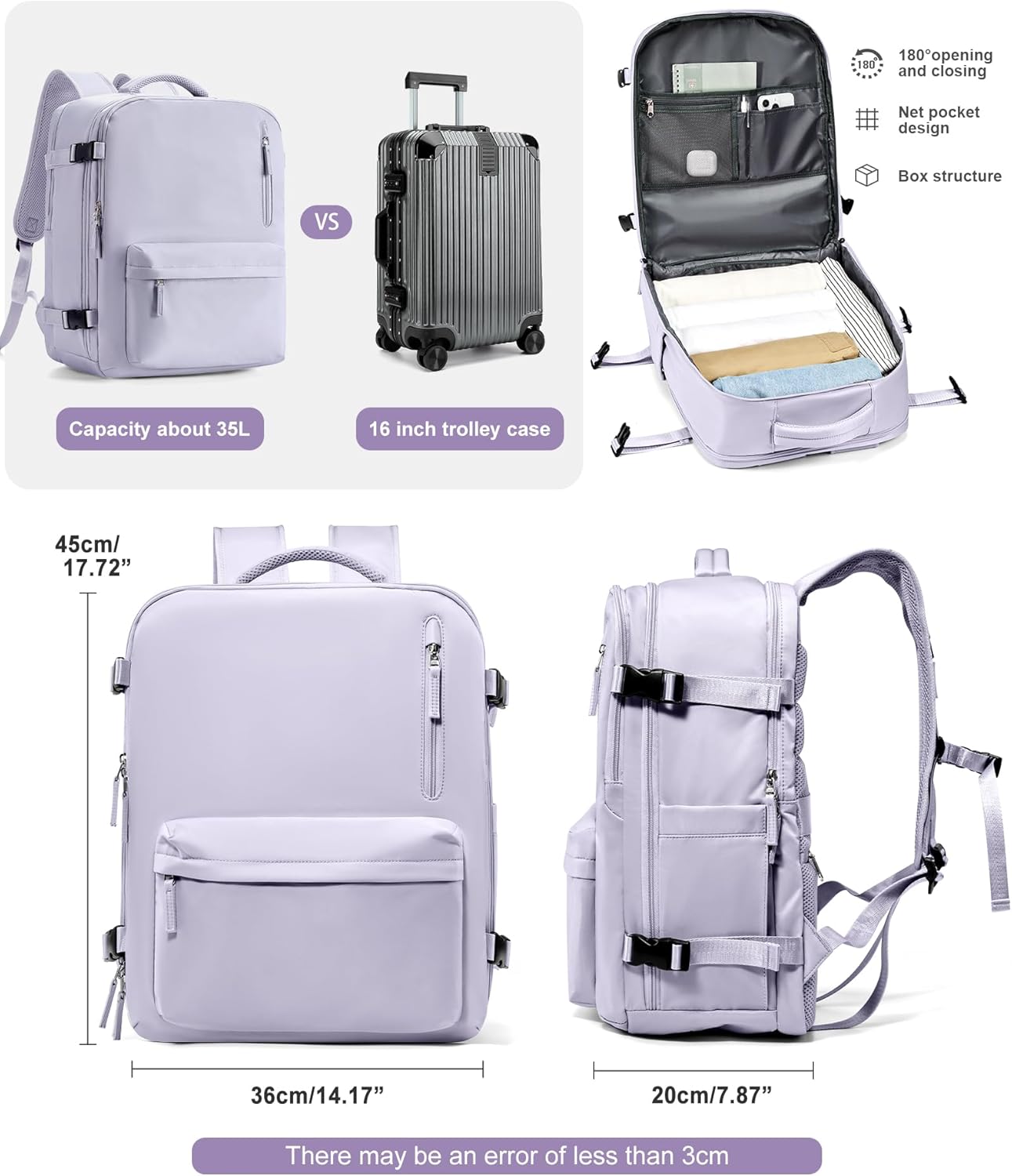 VGCUB Travel Backpack for Women Men for Spirit Airlines Personal Item Bag 18x14x8 Inches Laptop College Backpack,Waterproof Carry on Flight Approved Work Backpack Mochila de Viaje,Large Purple taro