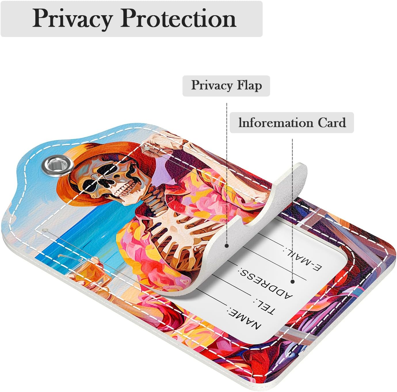 Luggage Tags for Suitcase, 2 Pack PU Leather Travel Cruise Luggage Tag with Privacy Flap, Name ID Label and Metal Loop for Women Men Girls Suitcase Baggage Bag Backpack, Holiday Skull