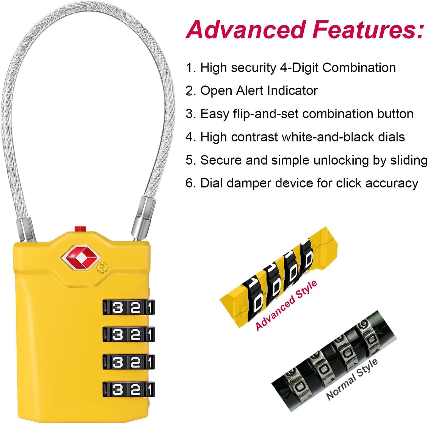 ZHEGE TSA Approved Cable Locks Flexible, Travel Lock Zipper Bag, 4 Digit Luggage Combination Lock with Open Alert Indicator for Suitcase, Backpack, Baggage (1 Pack, Yellow)