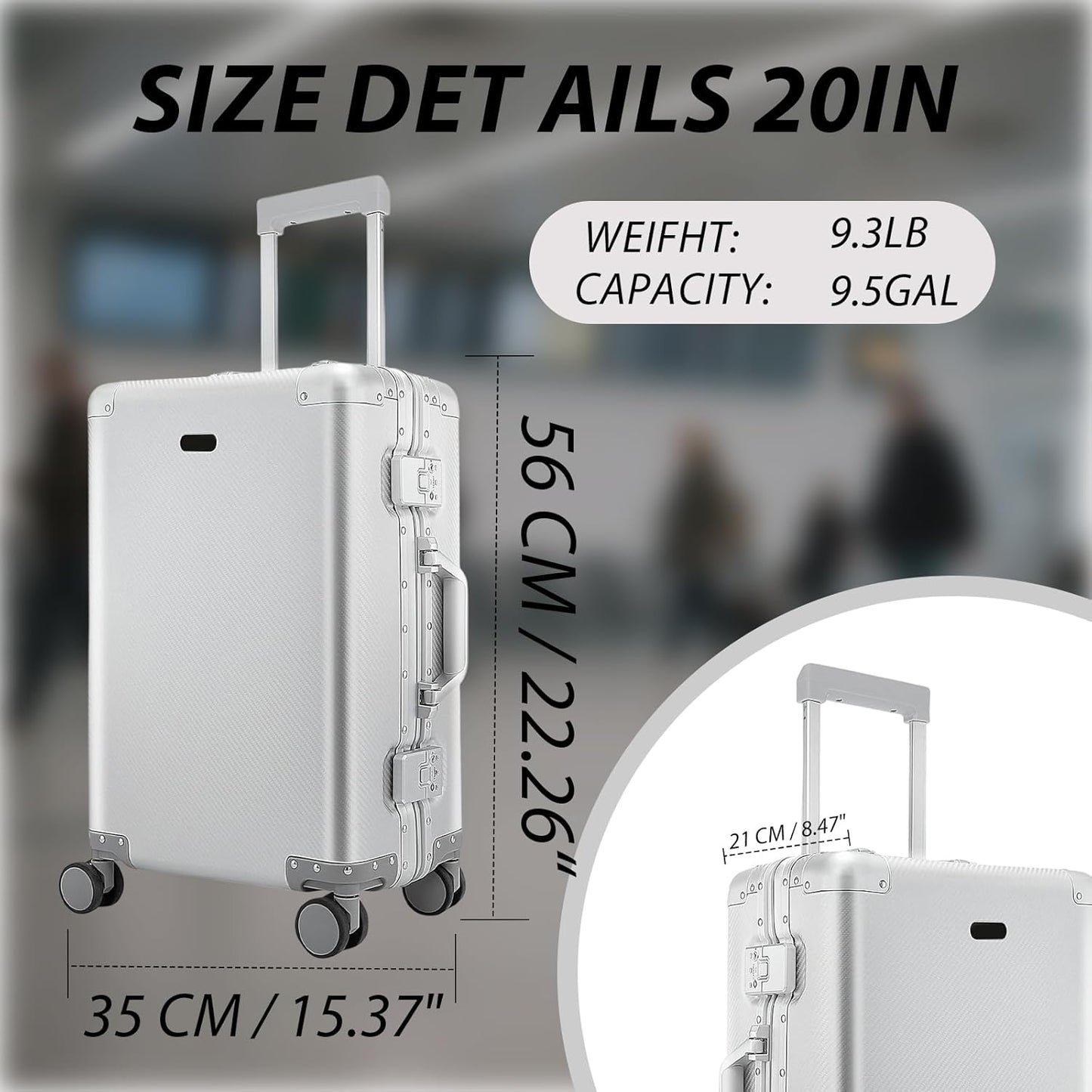 Tmore Aluminum Frame Luggage with No Need to Check in, Hardside Suitcase with Spinner Wheels, Metal Travel Luggage with Double Tsa Locks, 20 Inch, Silver Small