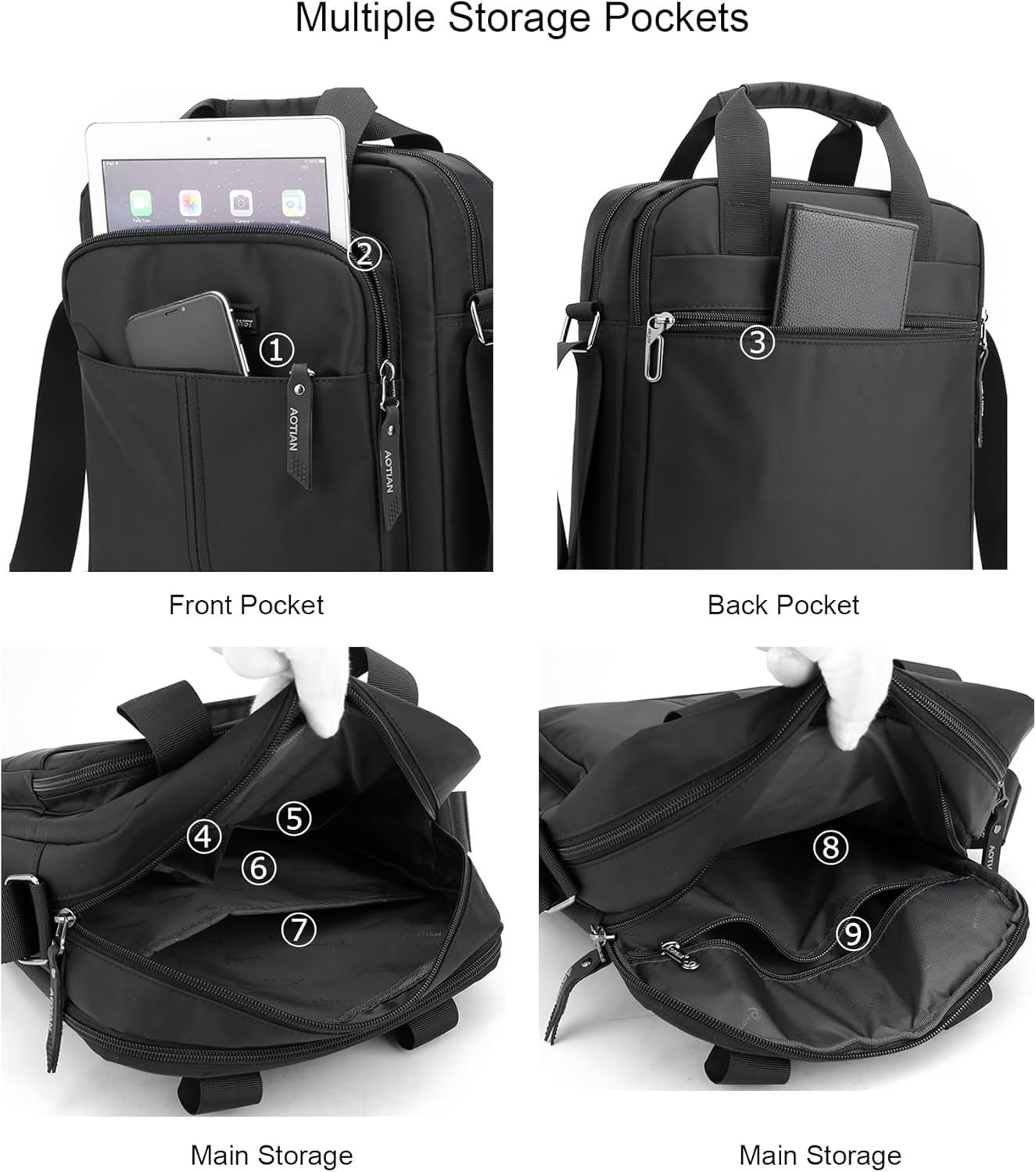 Men's Shoulder Bag Nylon Crossbody Bag Waterproof Casual Black Messenger Bag for Work Travel, Black