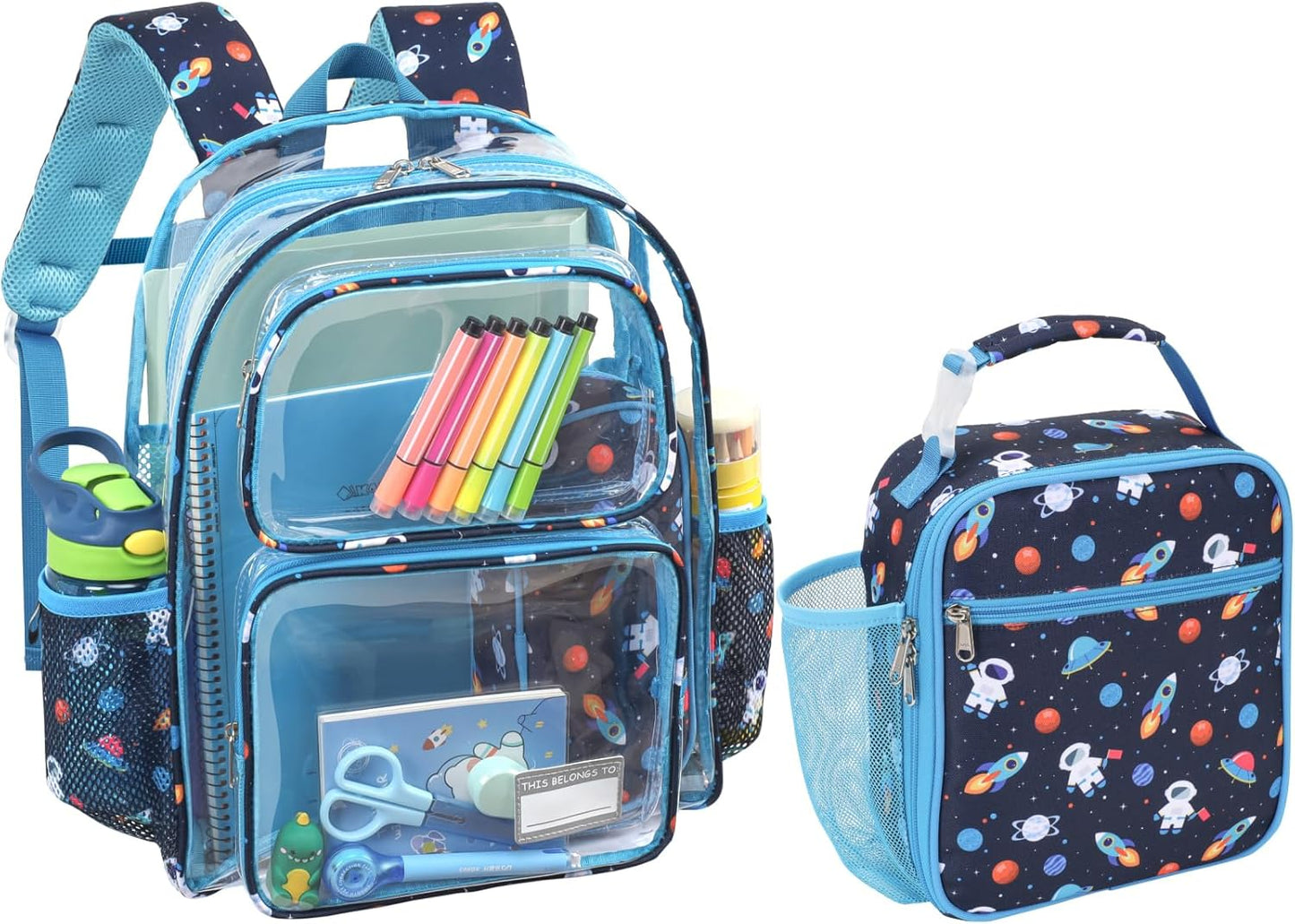 Bagseri 2pcs Clear Backpack for Girls - 15 Inch Backpack and Lunch Bag Set, Heavy Duty Transparent Bookbag for School, See Through Bag for Kids Aged 3 to 8, Navy Space
