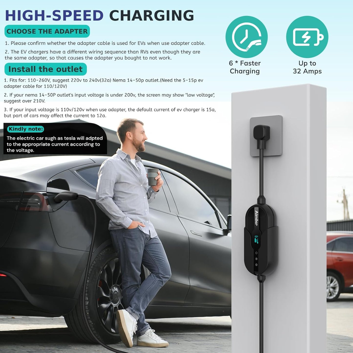 Level 2 Tesla Charger(Wireless WiFi APP), 240V, 32 Amp, NEMA 14-50 Plug, 25ft Cord - Portable/Home NACS Connector Electric Car(EV) Charger for Tesla - Compatible with Tesla Model X/Y/3/S