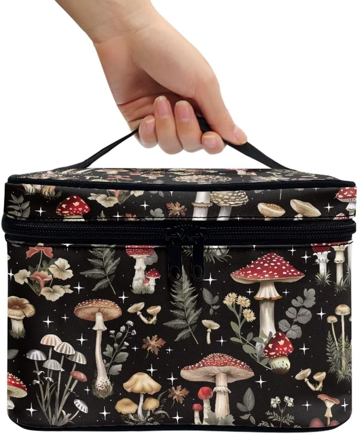 JoyLamoria Bronwn Mushroom Print Travel Makeup Bag Cute Mushroom Brush Bag Toiletry Bag for Women
