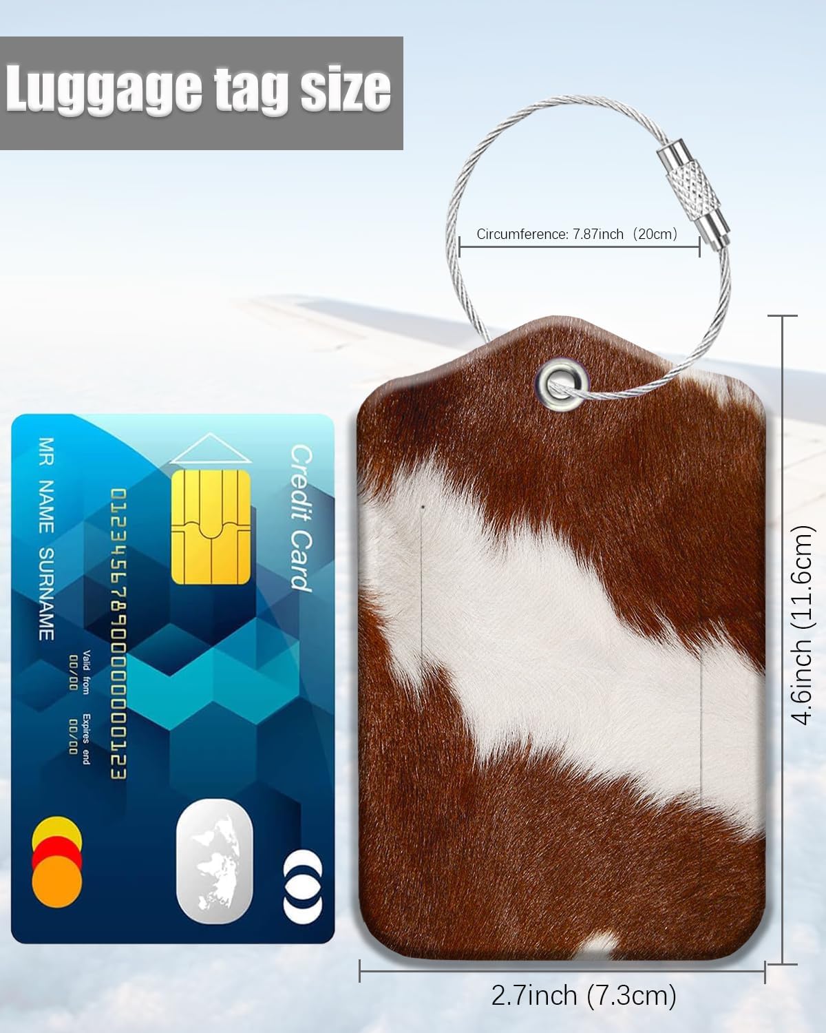 2 Pack Luggage Tags for Suitcase, Cow Hide Brown Leather Suitcase Tags Cruise Ship with Privacy Cover and Double Metal Loop for Women Men Girls Boys Travel Baggage Bag Backpack Tags, Cow Printed