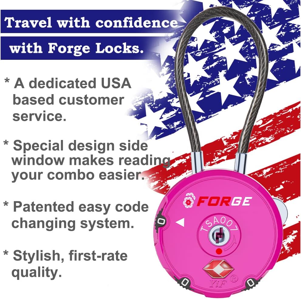 Forge Quality TSA Approved Luggage Locks for Travel Accessories, Suitcase, Pelican case, Set Your own Combination, Zinc Alloy Body-Cable Locks Pink 2 Locks