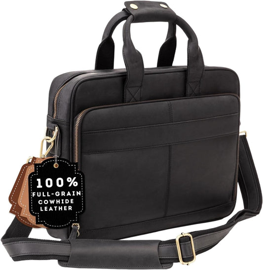 Luxorro Full-Grain Leather Briefcase for Men - Laptop Bag with Leather Computer Compartment