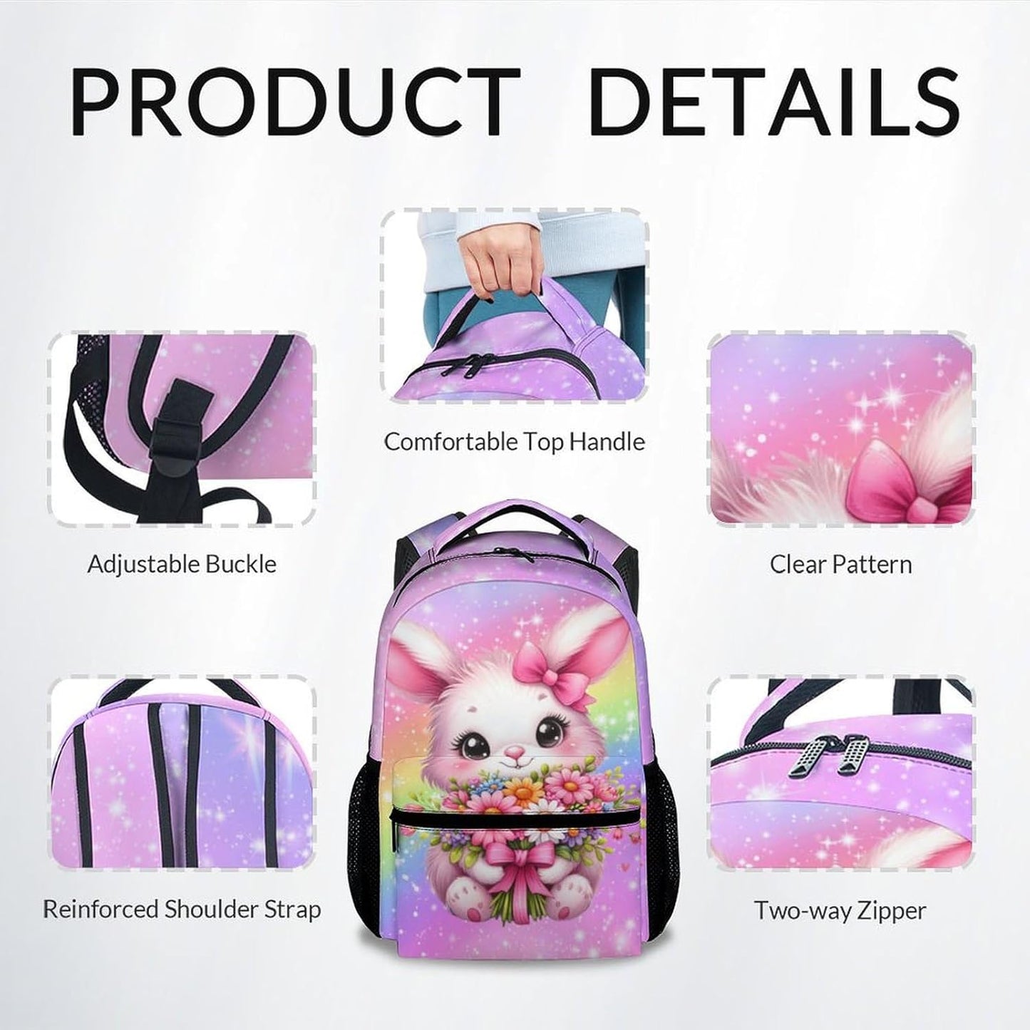 Kids Backpacks for Girls, Bunny Backpack for School, 17" Cute Rainbow Bookbag for Preschool Kindergarte Elementary, Toddler School Bag