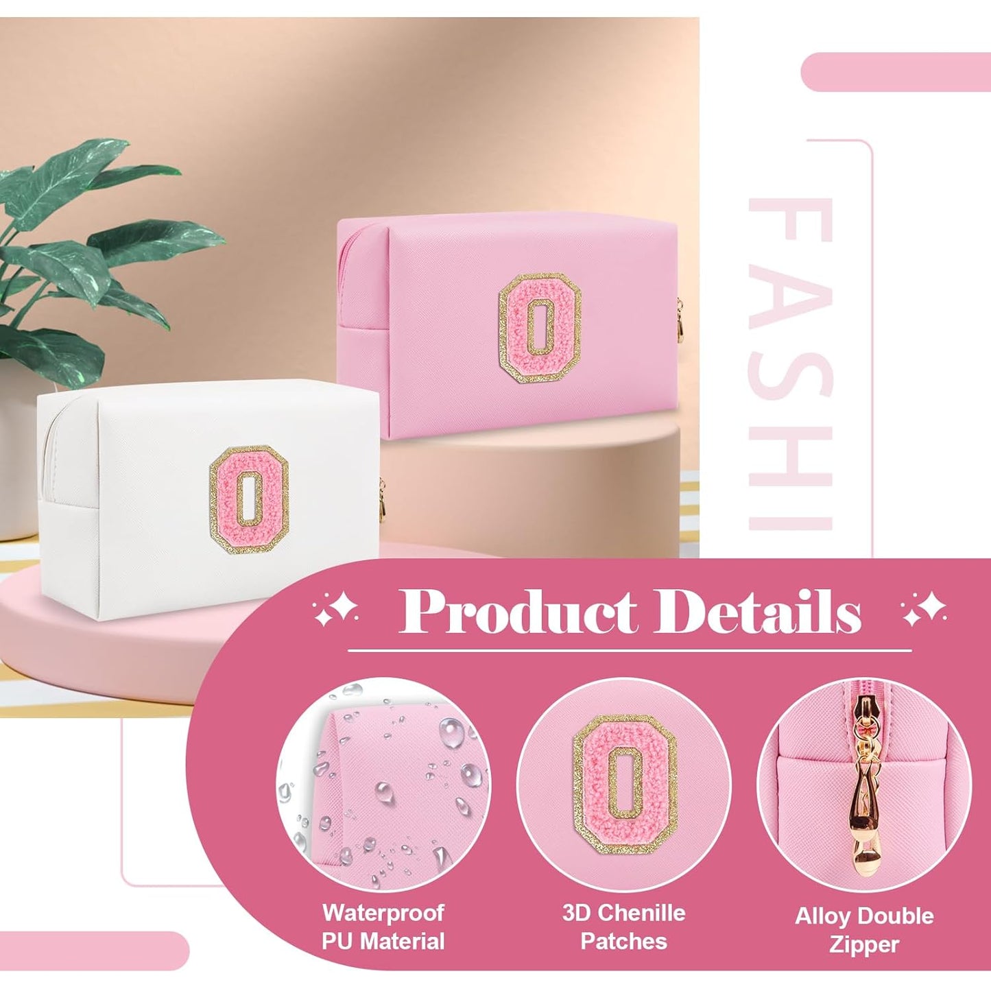 Personalized Initial A-Z Preppy Patch Makeup Bag,Small PU Leather Chenille Letter Cosmetic Bag with Zipper for Teen Girls,Pink Cute Travel Toiletry Bag,Birthday Monogrammed Gift for Daughter,Letter O